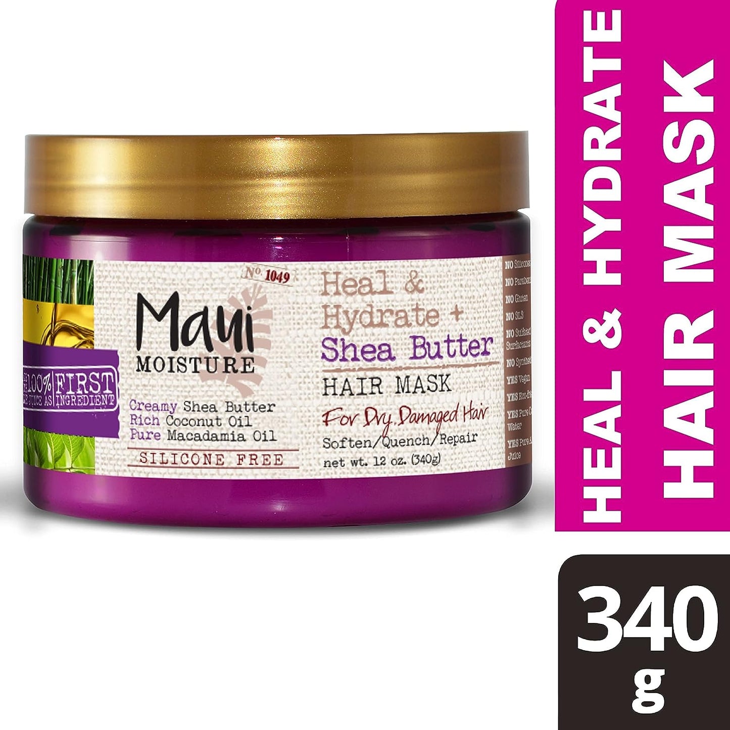 Maui Moisture Heal & Hydrate Shea Butter Hair Mask & Leave-In Conditioner: Deeply Nourishing Treatment for Curls, Split Ends Repair - Vegan, Silicone, Paraben & Sulfate-Free - 12 oz