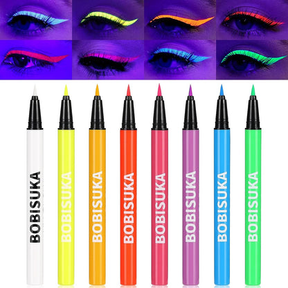 BOBISUKA 8-Color UV Glow Neon Liquid Eyeliner Set - Matte Colored Eyeliners with Waterproof, Smudge-Proof, and Pigmented Formulas - Vibrant Eye Makeup Gift Kit