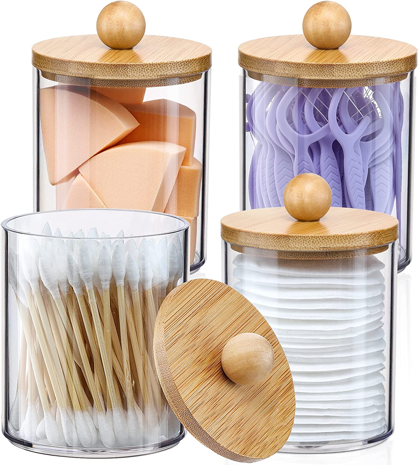 VITEVER 4 Pack Qtip Holder Dispenser with Bamboo Lids - Clear Plastic Apothecary Jar Containers for Vanity Makeup Organizer - Bathroom Accessories Set for Cotton Swabs, Balls, Pads, Floss