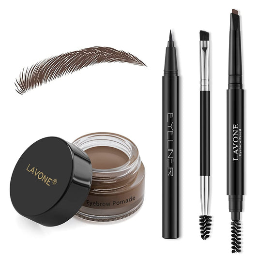 Perfect Brow Trio: Eyebrow Stamp Pencil Kit with Waterproof Pencil, Eyeliner, Pomade, and Dual-Ended Brush in Dark Brown