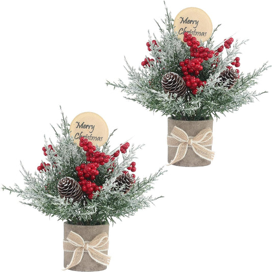 Enchanting Festive Duo: Set of 2 Petite Christmas Trees, Adorable Tabletop Miniatures, 9" Artificial Potted Delights for Charming Holiday Decor, Perfect for Weddings, Celebrations, and Christmas Festivities in Vibrant Red and Green
