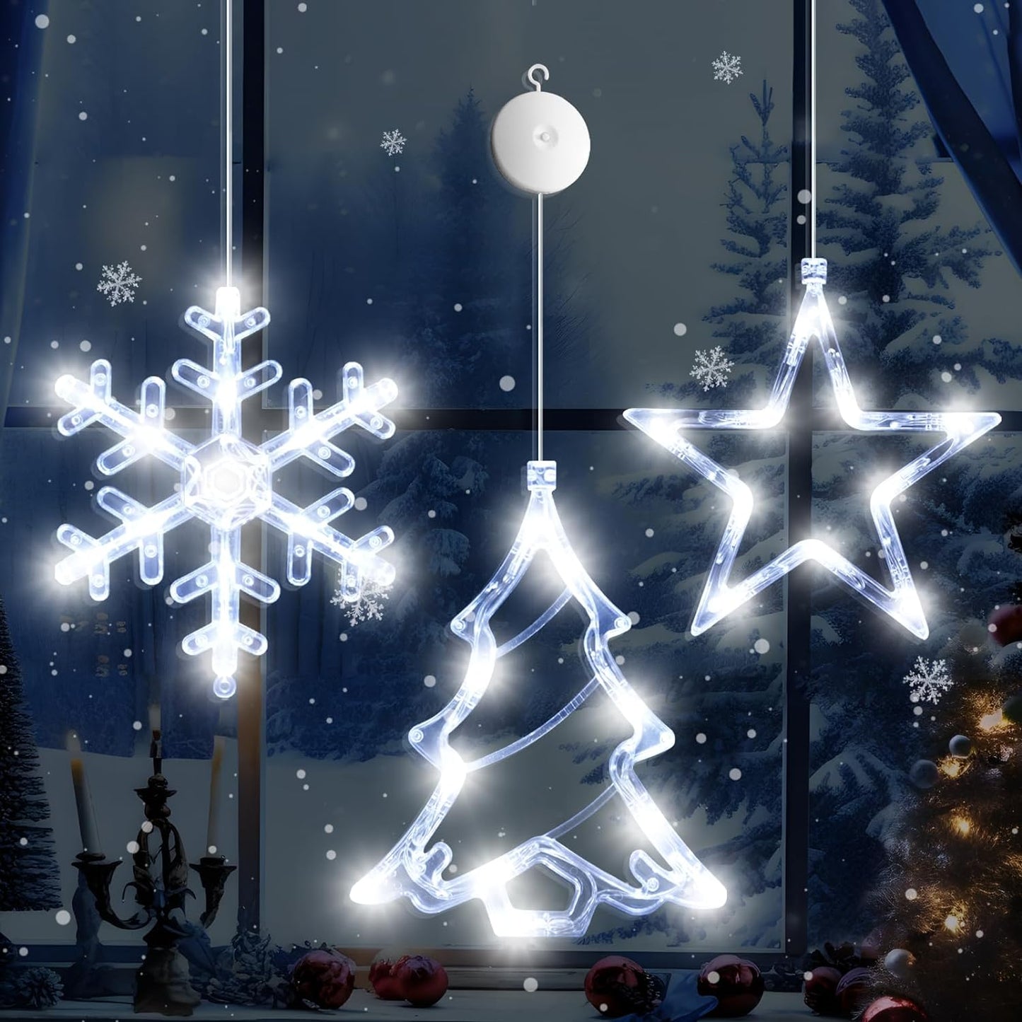 LYUBASA 3Pcs Battery-Powered Christmas Window Lights Decorations: White Lighted Snowflake, Tree, and Star Shaped LED Sucker Lamps for Indoor and Outdoor Holiday Decor