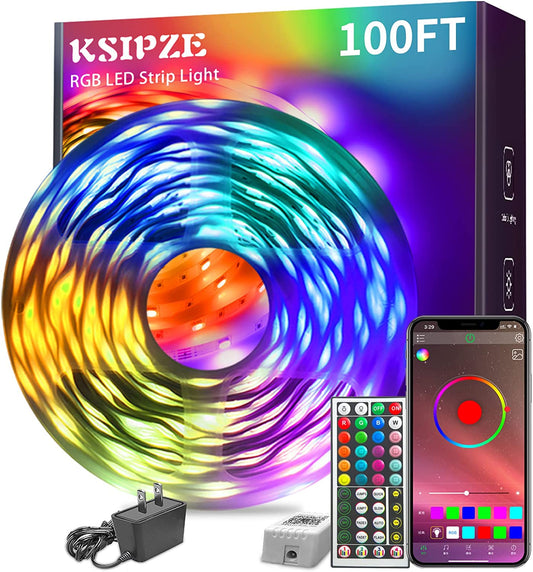 Vibrant LED Strip Lights: KSIPZE 100ft RGB Music Sync Color Changing LED Lights - Bluetooth Enabled with Smart App Control and Remote - Perfect for Bedroom, Room Lighting, and Flexible Home Décor