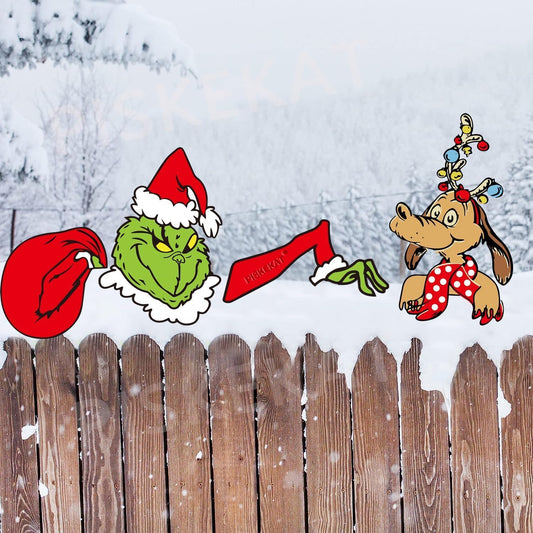 Add Whimsy to Your Holiday Decor with 4PCS Grinch's Fence Peeker Decorations: Charming Christmas Decor for Trees and a Playful Grinch Tree Topper for Festive Holiday Cheer