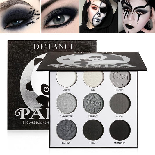 DE’LANCI PANDA Smoky Eye Shadow Palette: 9 True Black and Dark Grey Shades for Gothic Makeup, Soft Matte and Shimmer, Highly Pigmented for Halloween