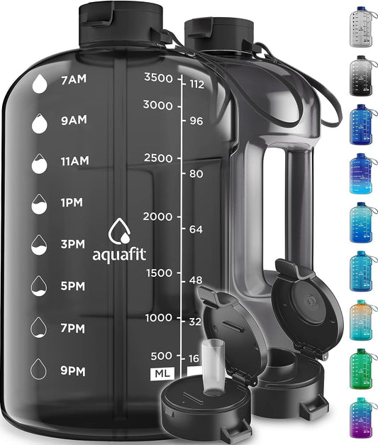 AQUAFIT 1-Gallon Water Bottle with Time Marker and Straw: 128 oz Gym Companion with Strap and Handle - Stay Hydrated All Day