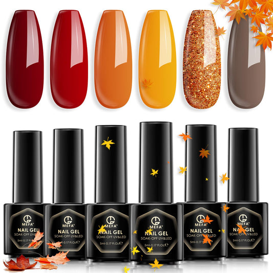 MEFA Fall Gel Nail Polish Set - 6 Colors for Autumn: Orange, Red, Brown, Glitter, and Yellow Soak-Off Gel Polish with Pumpkin and Maple Leaves Tones - Nail Art Design for Salon and Home Manicure - Perfect Halloween Gifts for Women