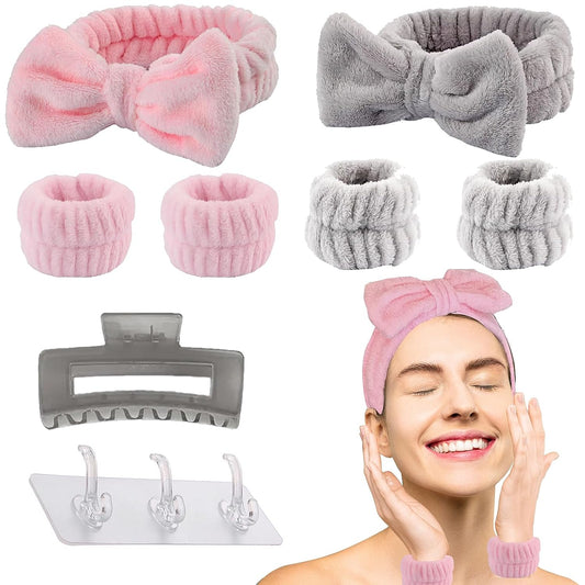 Headband and Accessories Set for Face Washing, Makeup, and Skincare - Includes SPA Headband, Wristbands, Hair Clips, and Arm Bands for a Convenient and Hygienic Experience