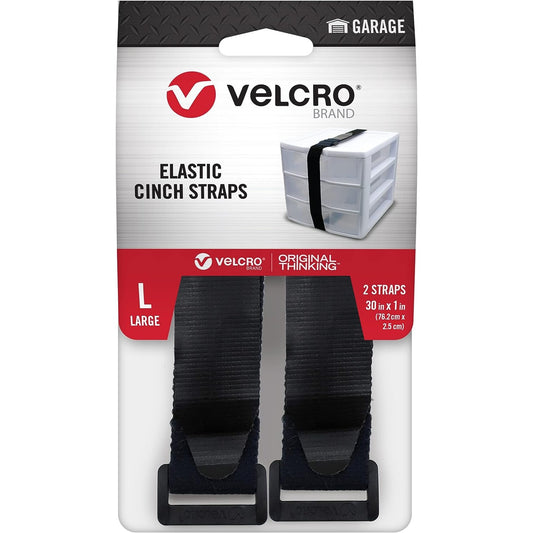 VELCRO Brand Garage Organization and Storage | Elastic Cinch Straps, 30" | Strong & Reusable | Bundle Poles and Cords, Organize Power Tools | 1 Inch Wide, Large - 30" x 1", Black, 2 Count