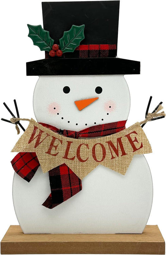 Warm Winter Welcomes: Rustic Snowman Welcome Sign with Red Plaid Scarf, Wooden Farmhouse Decor for a Vintage Holiday Feel, Perfect for Home, Kitchen, Xmas Party, Mantel, Tiered Tray, and Thoughtful Gifts.