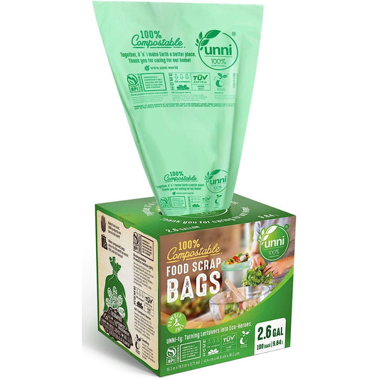 UNNI 100% Compostable Bags, 2.6 Gallon, 9.84 Liter, 100 Count - Extra Thick 0.71 Mil, Small Kitchen Food Scrap Waste Bags, ASTM D6400, US BPI and Europe OK Compost Home Certified - San Francisco