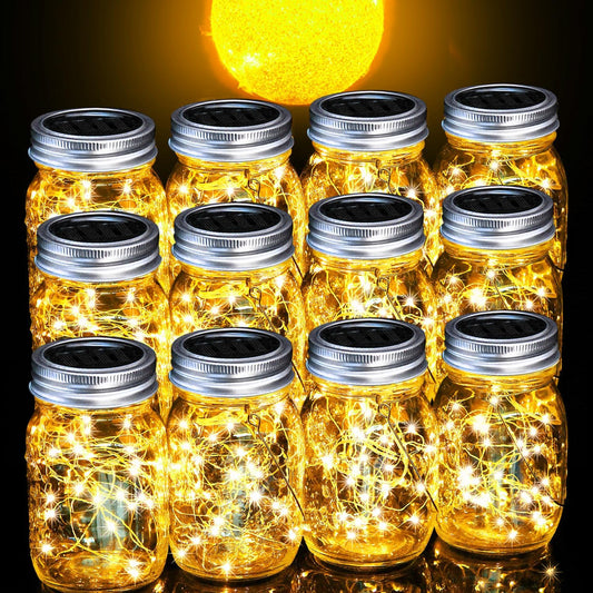 Set the Mood with 12-Pack Solar-Powered Crystal Glass Lanterns: Waterproof Mason Jar Lights with 30 LEDs for Outdoor Patio, Garden, Yard, Balcony, and Lawn Decor - Warm White Glow