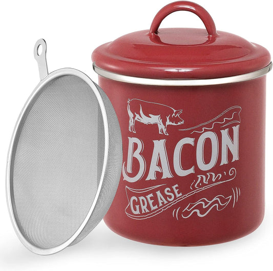 Enamel Bacon Grease Container with Strainer and Lid - 38 OZ Larger Capacity Bacon Grease Keeper for Bacon Fat Dripping - Farmhouse Kitchen Gift & Decor, Bacon Cooker Accessories