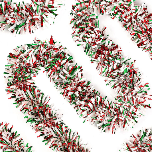 Festive Radiance: Sggvecsy 49.2Ft Christmas Tinsel Garland in Green, Red, and White - Sparkling Xmas Tree Decorations with Metallic Twist - Elevate Your New Year Party, Birthday, and Holiday Ambiance, Indoors and Outdoors