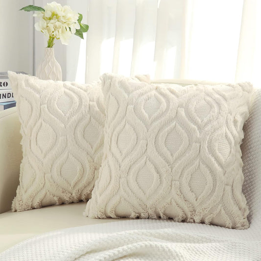 Cozy Elegance: Set of 2 Soft Plush Faux Wool Throw Pillow Covers 18x18 - Beige