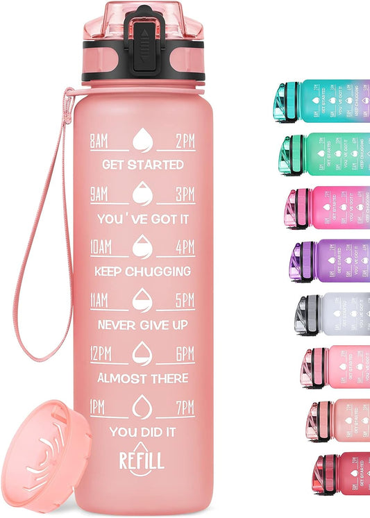 MEITAGIE 32oz Motivational Water Bottle with Time Marker and Fruit Strainer: Leak-proof, BPA-Free, Non-Toxic 1L Bottle with Carrying Strap - Ideal for Fitness, Gym, and Outdoor Sports (Rose Quartz)