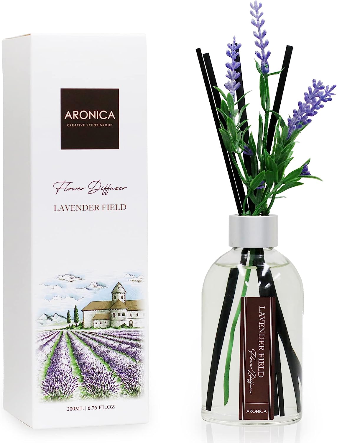 Lavender Field Flower Reed Diffuser - Aromatherapy Scented Oil Diffuser for Home and Office Decor, Relaxing Aesthetic Fragrance, Bathroom Essential Oil Diffusers Set, Elegant Desk Air Fresheners, 6.76 oz