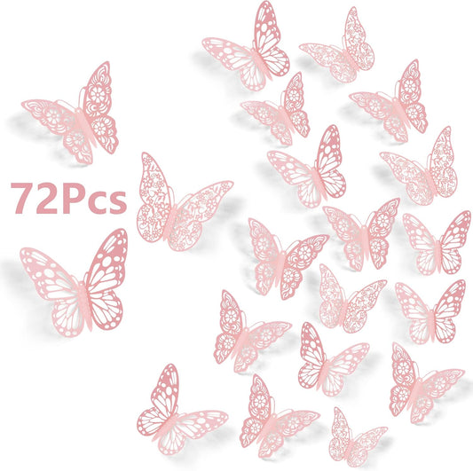 3D Butterfly Wall Decor Set: 72Pcs in 3 Sizes and 3 Styles, Removable Metallic Stickers for Room, Party, Cake, Fridge, Kids Bedroom, Nursery, Classroom, Wedding, and DIY Gifts - Beautiful in Pink