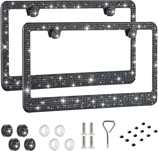 YUNH Bling License Plate Frame for Women: 2-Pack Premium Stainless Steel Rhinestone License Plate Holders - Handmade Glitter Crystal Diamond License Plate Covers for Girls, Bedazzled and Sparkly in Black