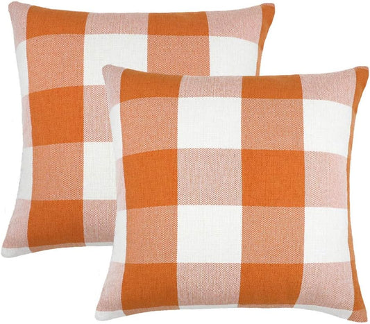 Set of 2 Buffalo Check Plaid Throw Pillow Covers for Fall Home Decor - Orange and White, 18 x 18 Inches
