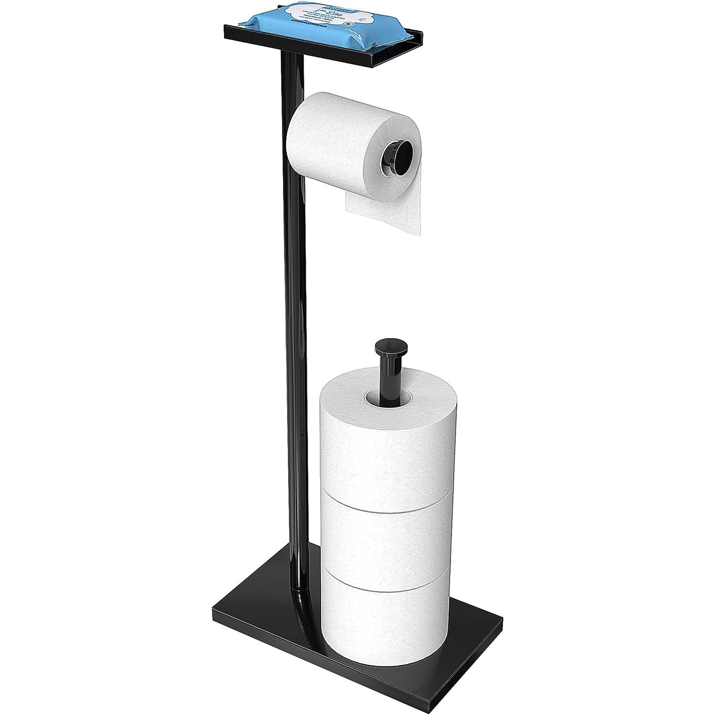 CISILY Black Toilet Paper Holder Stand with Phone Shelf: Stylish Bathroom Decor and Storage Solution - Free-Standing Tissue Paper Roll Holder with Phone Shelf for Household Essentials, RV Accessories, and Apartment Restrooms