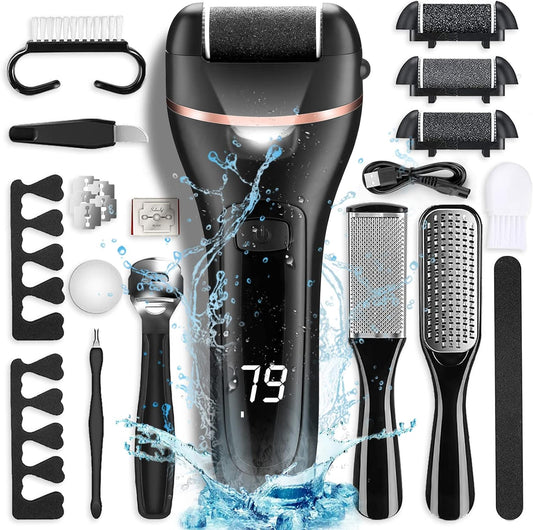 Rechargeable Electric Callus Remover for Feet: 21-in-1 Professional Pedicure Kit with Wet & Dry Foot File, 3 Roller Heads, and 2 Speed Settings - Say Goodbye to Dead Skin, Cracked Heels, and Rough Hands