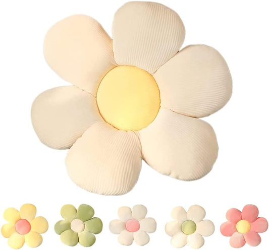 LEHU Cute Flower-Shaped Floor Pillow for Comfy Reading and Lounging, Ideal for Girls, Tweens, and Room Decor (White and Yellow, 15 Inches)