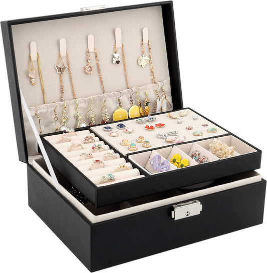 Stylish Jewelry Storage Solution: 2-Layer PU Leather Jewelry Box Organizer with Lock in Elegant Black