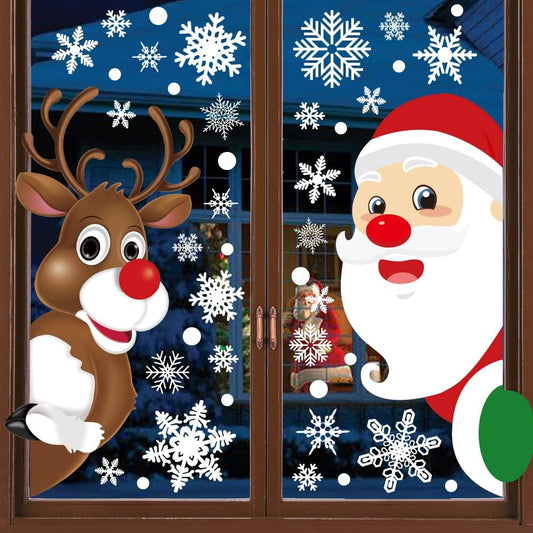 Festive Magic: HINZER 310Pcs Christmas Window Clings - Delightful Decorations Featuring Deer, Santa Claus, and Snowflakes for a Cheerful Holiday Atmosphere