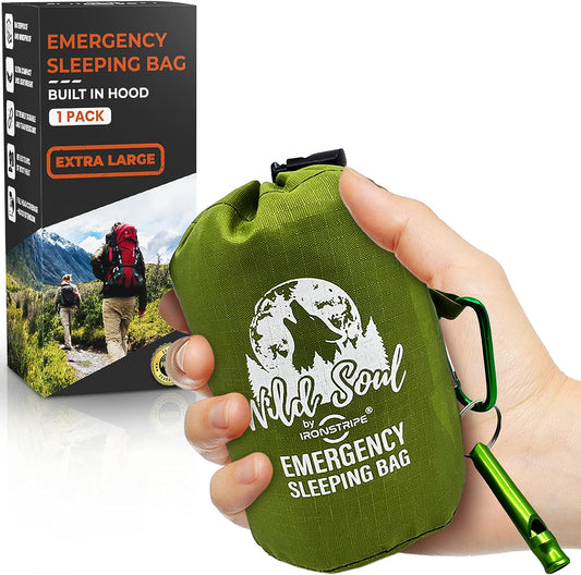 Ironstripe Bivy Sack Emergency Sleeping Bag – XL Waterproof Survival Sleeping Bag with Built-in Hood, Emergency Whistle, and Thermal Mylar – Tear & Puncture-Resistant Bivy Bag for Emergencies