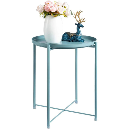 Versatile HollyHOME Metal Tray End Table - Small Round Sofa Table for Indoor and Outdoor Use - Anti-Rust and Waterproof - Perfect as a Snack Table or Accent Coffee Table - Morandi Blue - Dimensions: (H) 20.28" x (D) 16.38