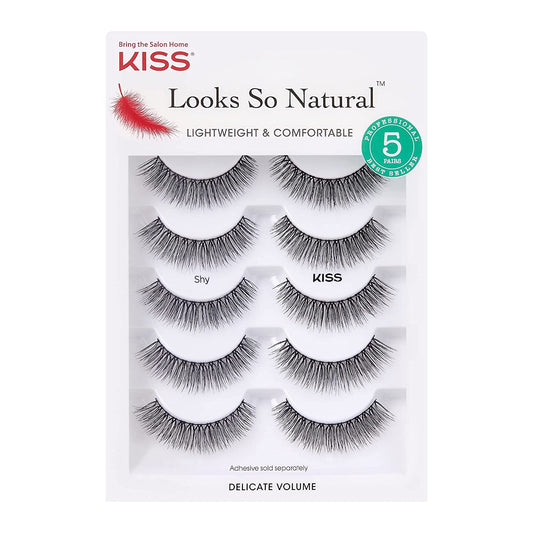 KISS Looks So Natural False Eyelashes Multipack - Lightweight & Comfortable - Tapered End Technology - Reusable - Cruelty-Free - Contact Lens Friendly - Style: 'Shy' - 5 Pairs of Fake Eyelashes