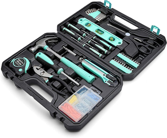 Amazon Basics 142-Piece Household Tool Kit: Turquoise Edition - Complete Tools in a Compact Storage Case, 13.39 x 9.25 x 2.95 Inches