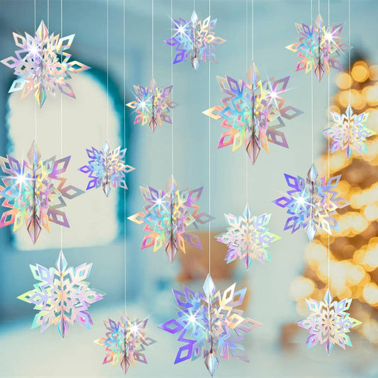 Snowflake Spectacle: 15 Pack 3D Iridescent Paper Snowflakes - Rainbow Snowflakes Garland for a Winter Wonderland - Elevate Your Holiday, Frozen-Themed, and Christmas Birthday Party Decor with Whimsical Snowflake Delights
