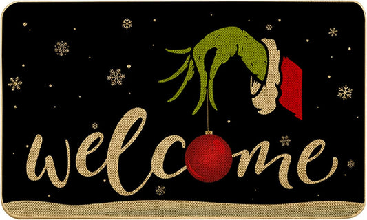 Festive Greetings at Your Doorstep: Non-Slip Merry Christmas Door Mat with Santa and Snowflakes Design - Indoor and Outdoor Welcome Mat in Green and Red