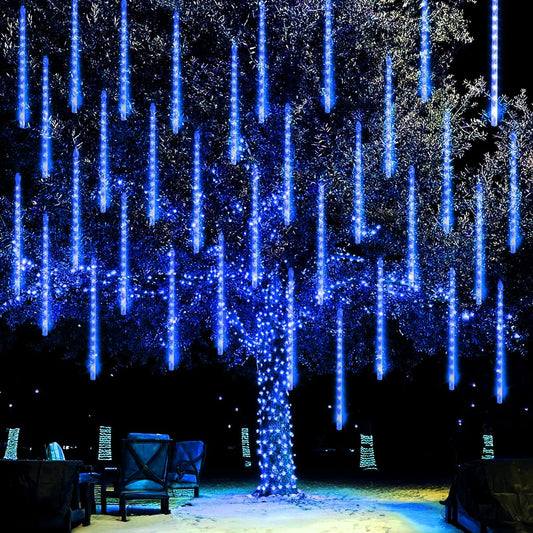 Create a Dazzling Display with Bright Christmas Lights Outdoor: 288 LED Meteor Shower Rain Lights, 12 Inch 8 Tubes, Waterproof and Plug-In Falling Icicle Lights for Stunning Christmas Decorations in Blue