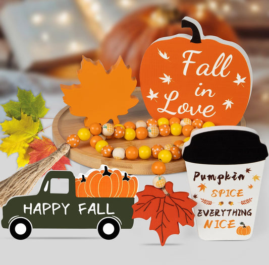 Autumn Harvest Home Decor Set: 5PCS Fall Decorations including Pumpkin Truck, Maple Coffee Cup Sign, and Wood Bead Garland - Perfect for Fall Tiered Tray and Thanksgiving Table Decor