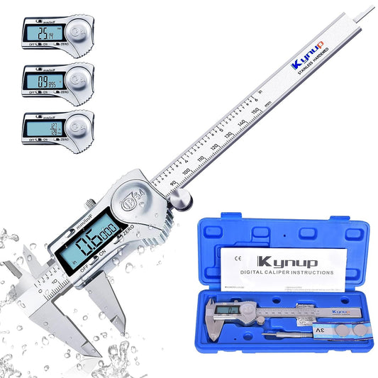 Kynup 6-Inch Digital Caliper: Stainless Steel Measuring Tool with IP54 Splash-Proof Protection, Inch-Metric-Fraction Conversion, and Large LCD Screen