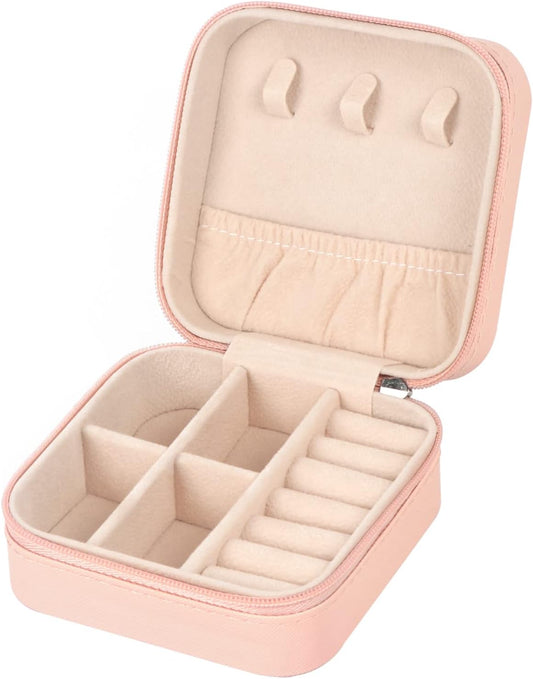 MFXIP Small Travel Jewelry Case: Portable PU Leather Mini Jewelry Organizer Storage for Girls and Women - Ideal for Earrings, Necklaces, Rings, and Bracelets in Pretty Pink