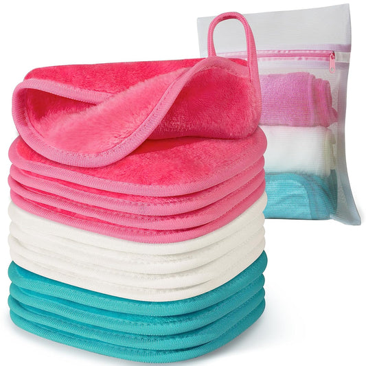 Reusable Makeup Remover Cloth 12-Pack: 6" x 6" Face Towels with Microfiber Makeup Removal Pads and Mesh Bag - Just Water, Eco-Friendly Beauty Essential