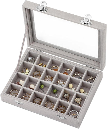 Fixwal Earring Jewelry Box: Velvet Jewelry Tray for Drawers with 24 Grids, Glass Clear Lid Showcase Display, Ring Trays, Earring Holder, and Organizer Case in Elegant Grey
