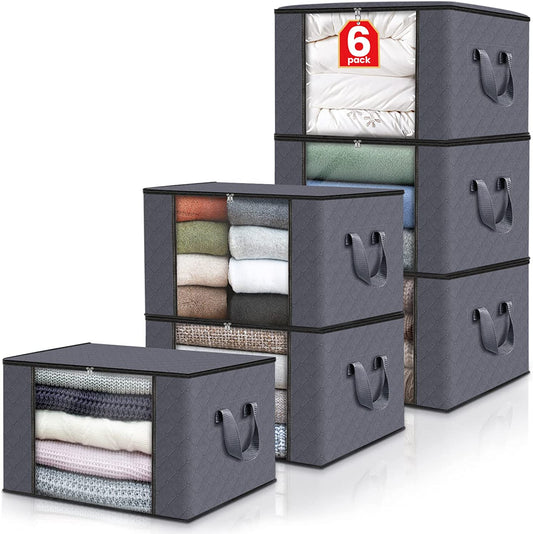 Fab Totes 6 Pack Clothes Storage - Foldable Blanket Storage Bags with Lids and Handle - Storage Containers for Organizing Bedroom, Closet, Clothing, and Comforters - Grey