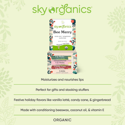 USDA Organic Lip Balm Trio by Sky Organics (3 Sticks) Winter Flavors Gift Pack - Cruelty-Free Candy Cane, Gingerbread, Vanilla Latté Lip Balm Gift Set for Dry Lips - Limited Edition - Made In USA