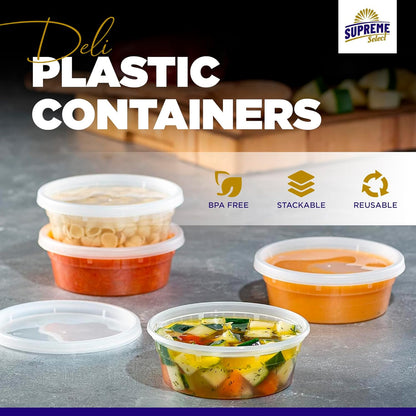 Supreme Select Deli Plastic Storage Containers with Lids - 24 Pack of 8 Oz Reusable Food Containers: Ideal for Home & Business Use, Microwavable, Freezer-Friendly, Dishwasher Safe, with Secure & Tight-Fitting Covers