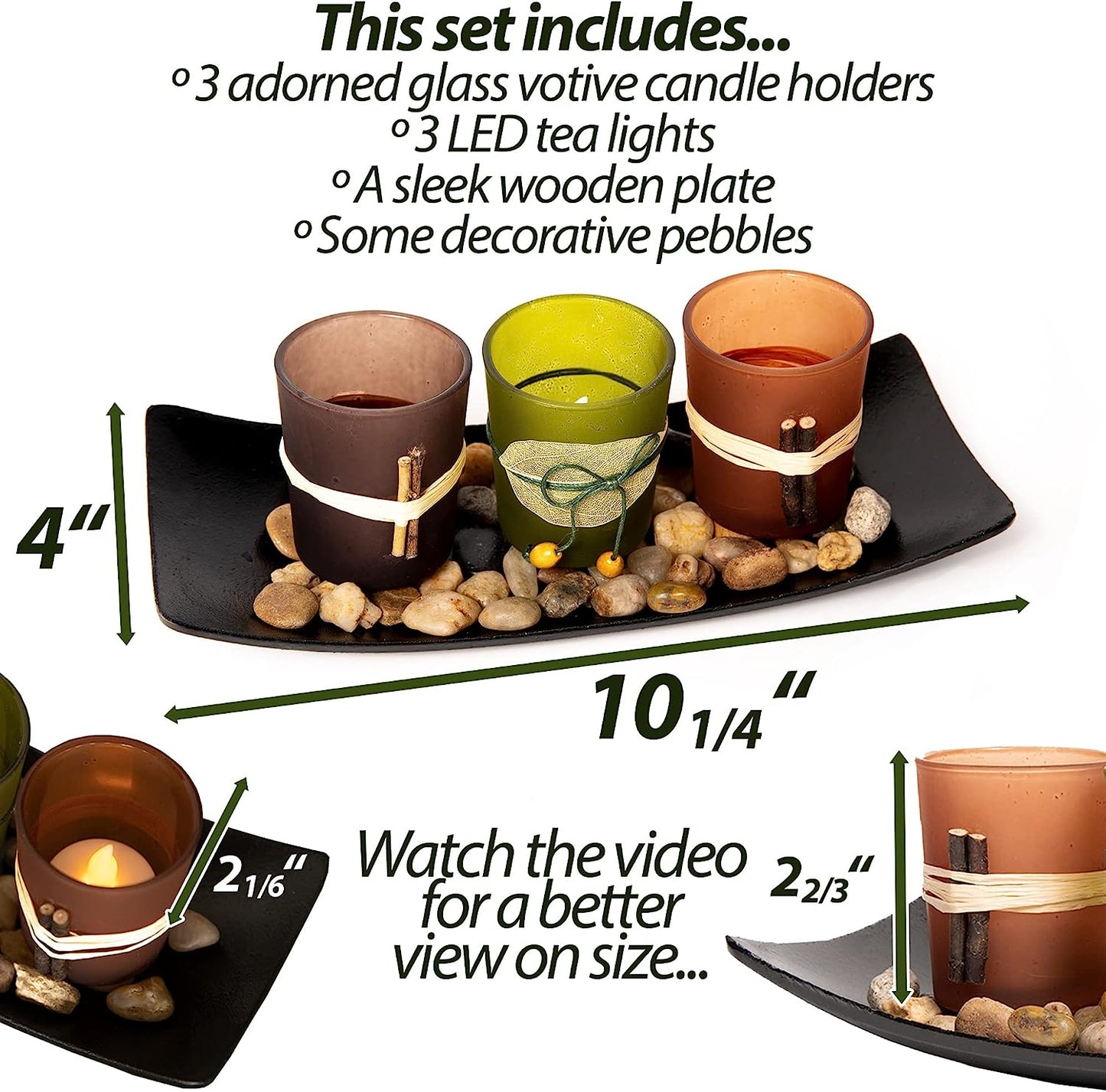Vintage Votive Candle Holder Set: Dawhud Direct Flameless Natural Candlescape with 3 LED Tea Lights, Rocks, and Tray - Natural Earth Tones for Bath Decor, Zen Room, and Gift Giving
