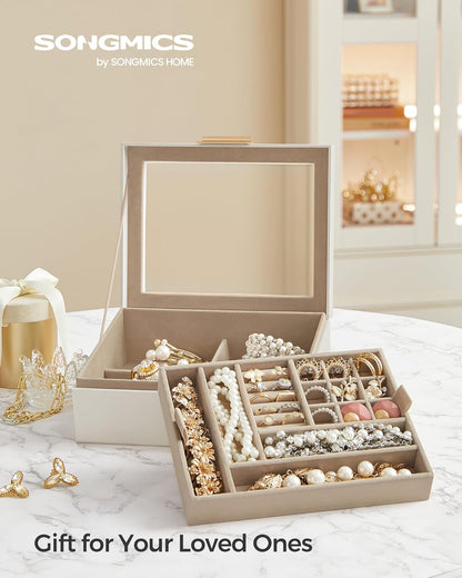 SONGMICS 2-Layer Jewelry Box with Glass Lid: Modern Jewelry Organizer with Removable Tray - Stylish Jewelry Storage in Cloud White and Metallic Gold, Perfect Gift for Loved Ones
