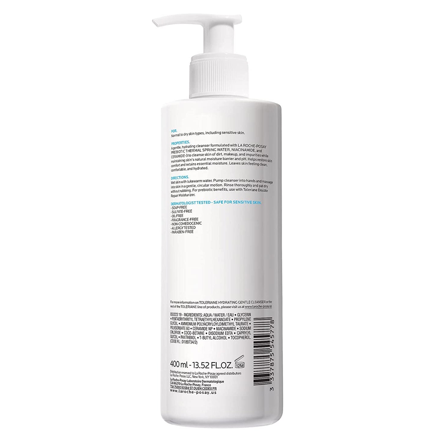 La Roche-Posay Toleriane Hydrating Gentle Face Cleanser - Daily Facial Cleanser with Niacinamide and Ceramides - For Sensitive Skin - Moisturizing Face Wash for Normal to Dry Skin - Fragrance Free