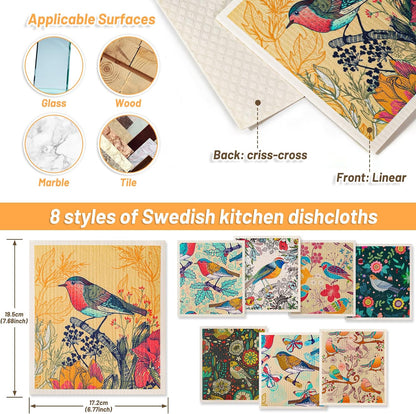 Swedish Dishcloths 8-Pack: Eco-Friendly, Reusable, and Absorbent Kitchen Towels for Quick and Efficient Cleaning (Birds and Flowers)