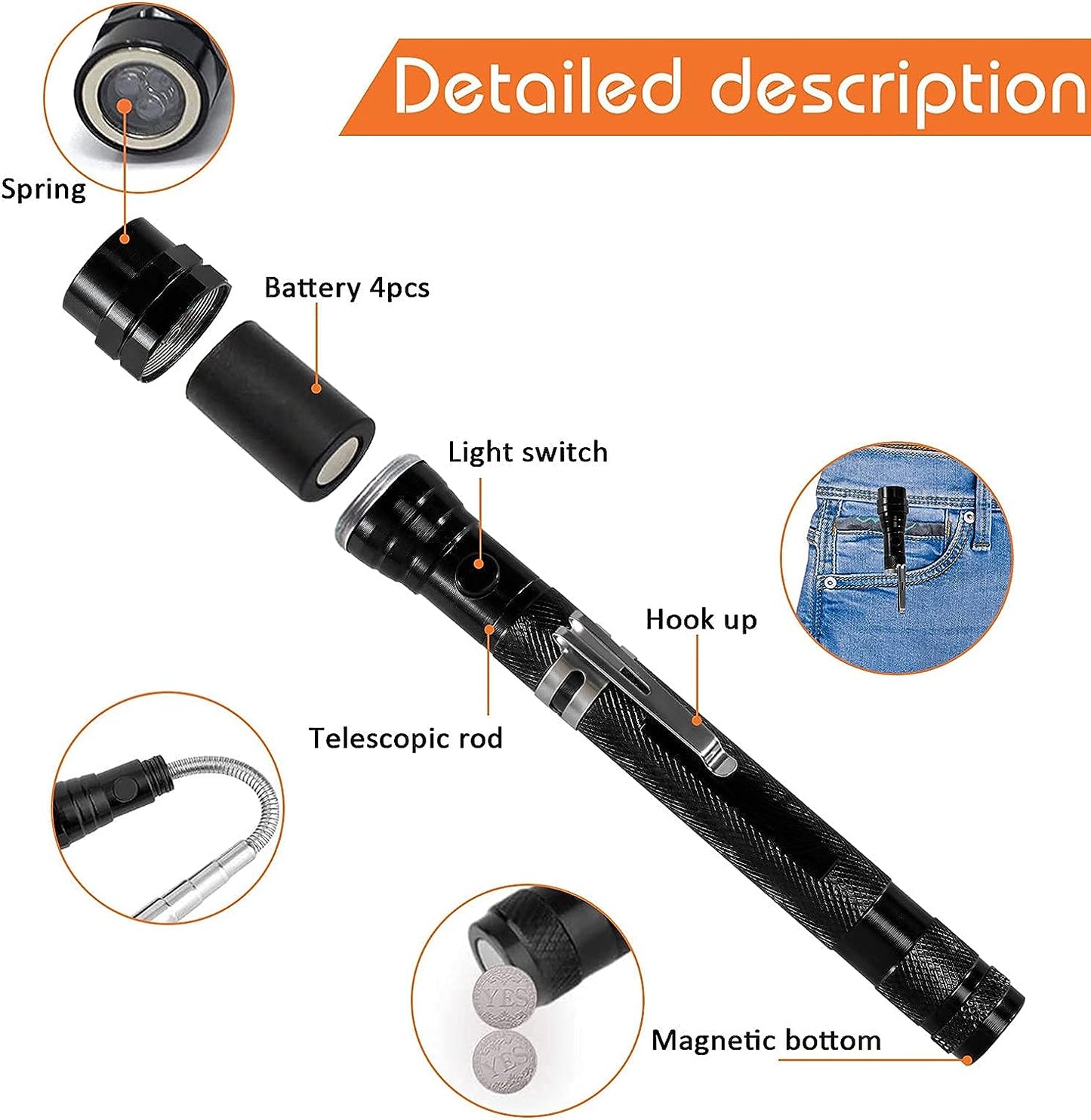 KUCHEY Magnetic Flashlight Pickup Tool - Handy Gadgets with LED and Telescoping Magnet, Thoughtful Gifts for Dads, Men, Husbands - Ideal for Stocking Stuffers, Birthdays, and Christmas