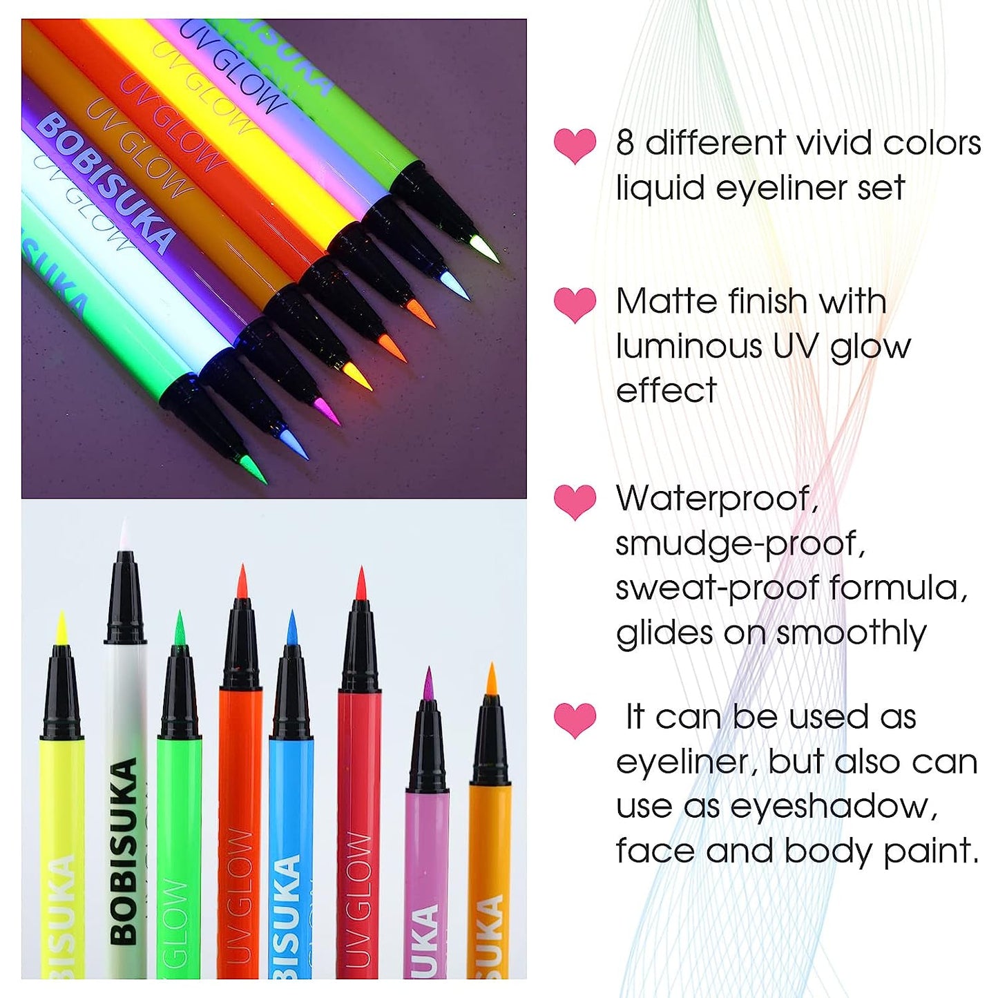 BOBISUKA 8-Color UV Glow Neon Liquid Eyeliner Set - Matte Colored Eyeliners with Waterproof, Smudge-Proof, and Pigmented Formulas - Vibrant Eye Makeup Gift Kit